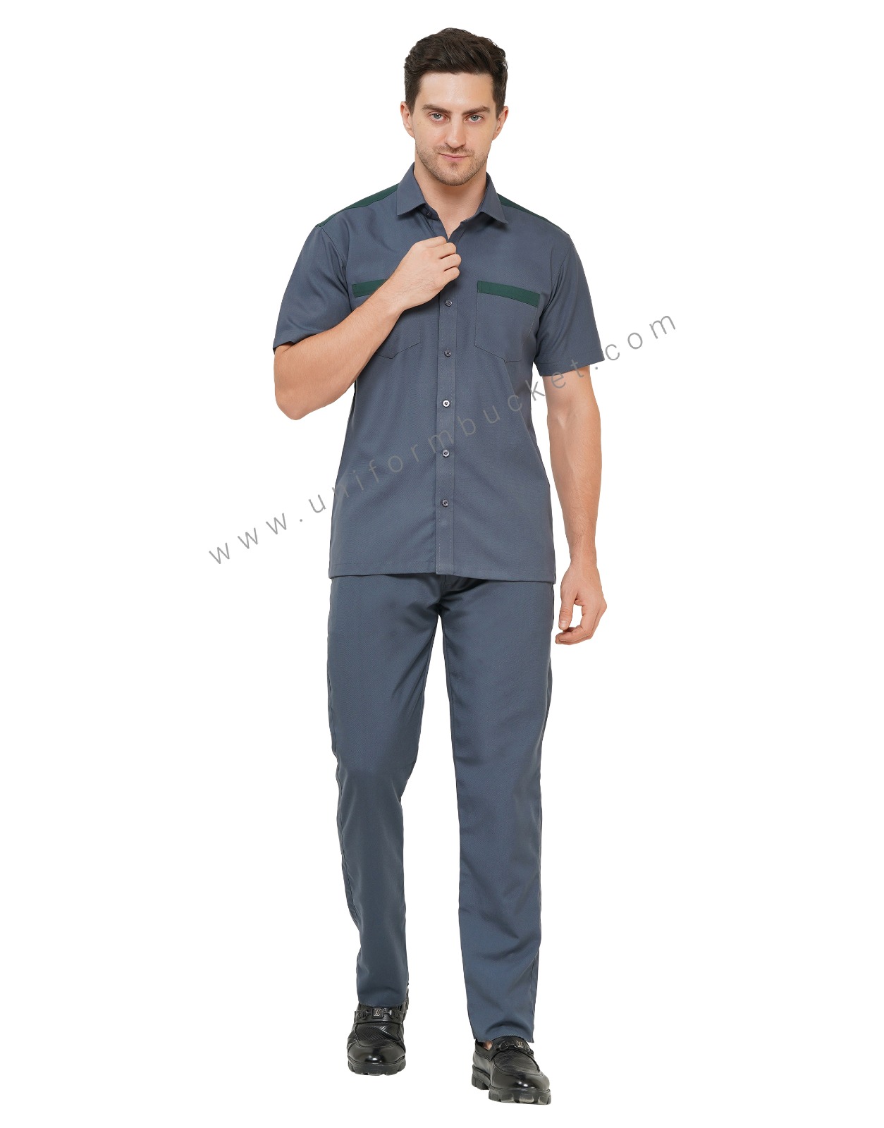 DARK GREY MALE WORKWEAR SHIRT WITH BOTTLE GREEN TRIM thumbnail 2